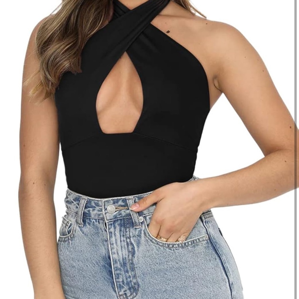 Black Halter Cross Neck Bodysuit